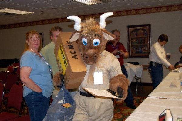 Ox with parcel and clipboard