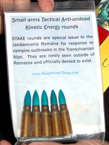 Small arms Tactical Anti-undead Kinetic Energy rounds.  Yup, wooden bullets.