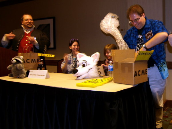 Will Sanborn opening his parcel, bubble wrap flying.