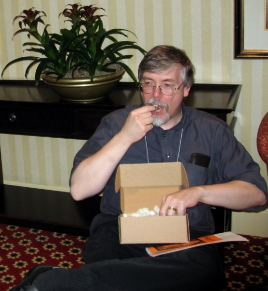 Frank Hayes eating packing material