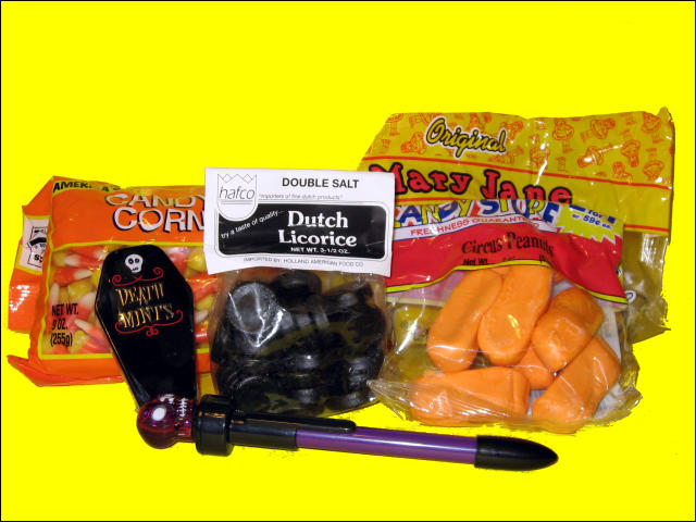 Candy corn, Mary Janes, Circus Peanuts, Death Mints, Souble Salt Dutch Licorice, Skull pen