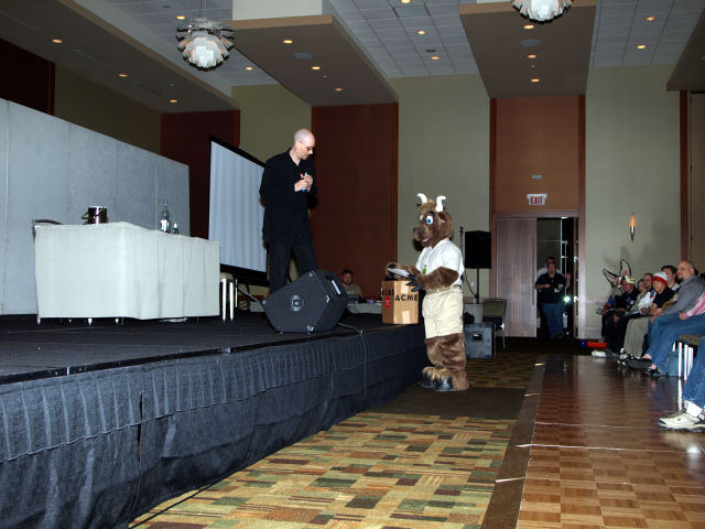 Orvan at the foot of the stage 2 the Ranting Gryphon is performing on.